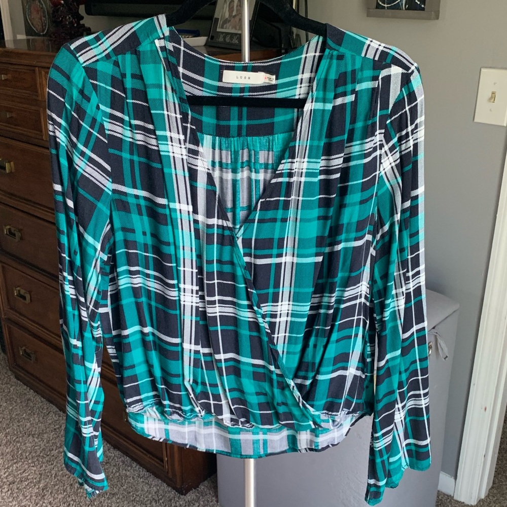 Teal plaid long sleeve faux wrap blouse